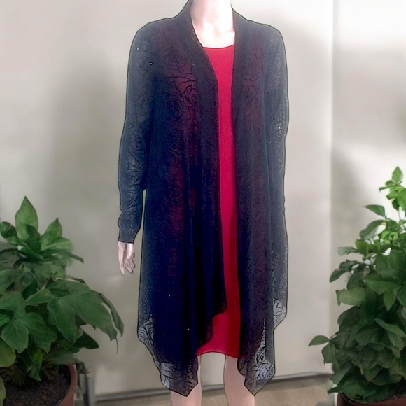 Bianca Nygard Black Sheer Open Front Sparkly Rosette Emboss Mesh Cardigan - Picture 16 of 17